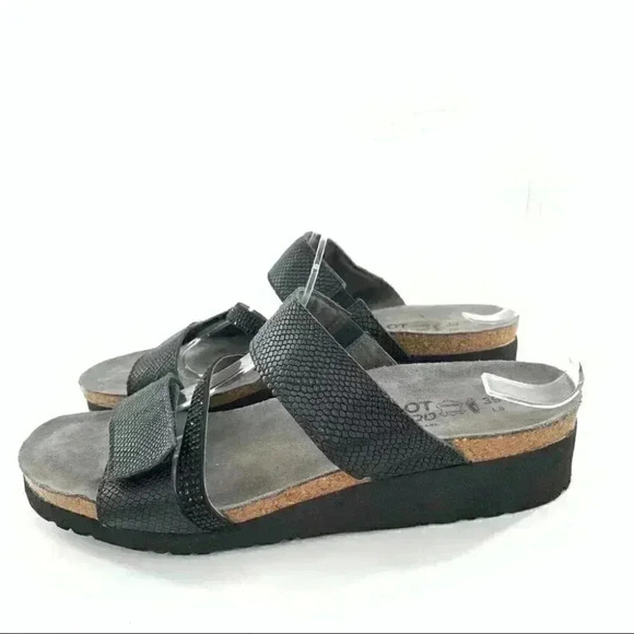 Naot sandals 39 8 black leather snakeskin print sticky strap walking comfort - Picture 5 of 12